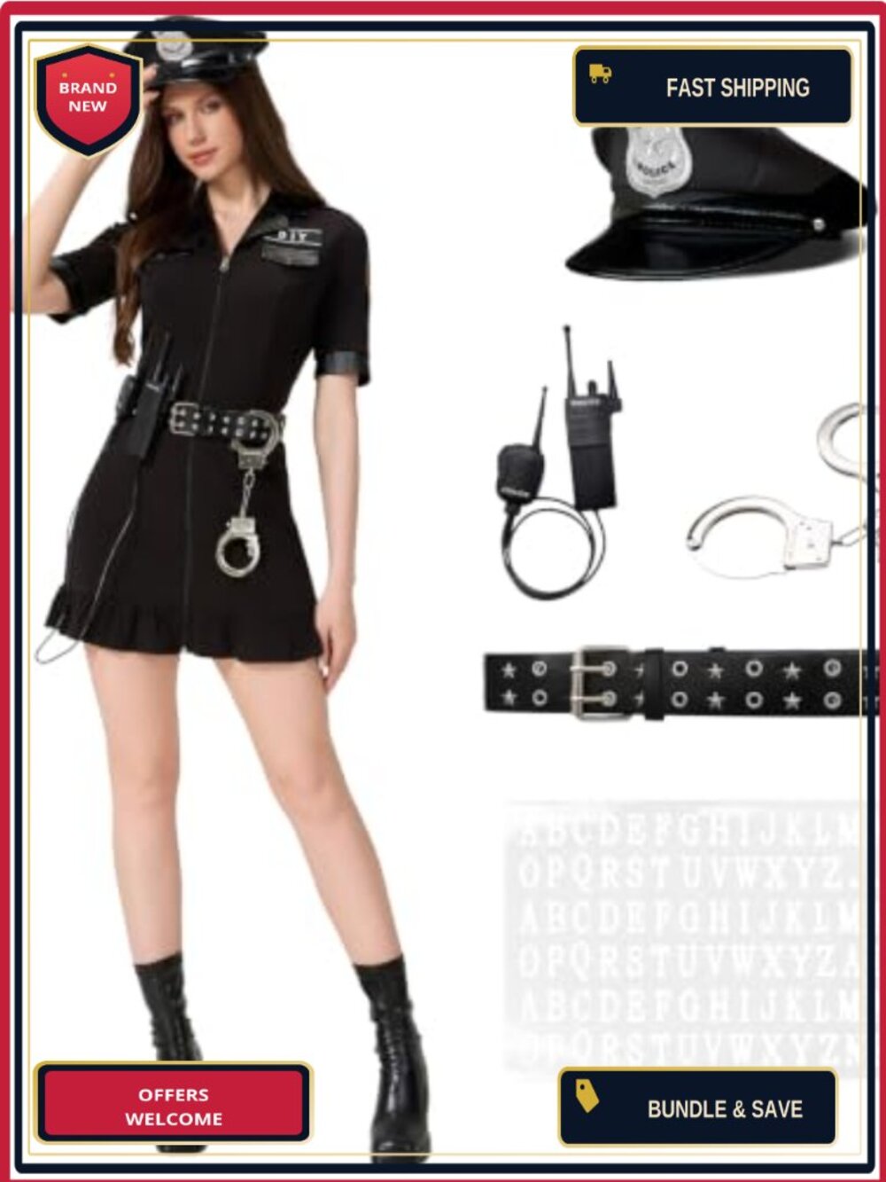 Women's Police Officer Costume Set Dress Belt Hat Handcuffs Halloween Cosplay